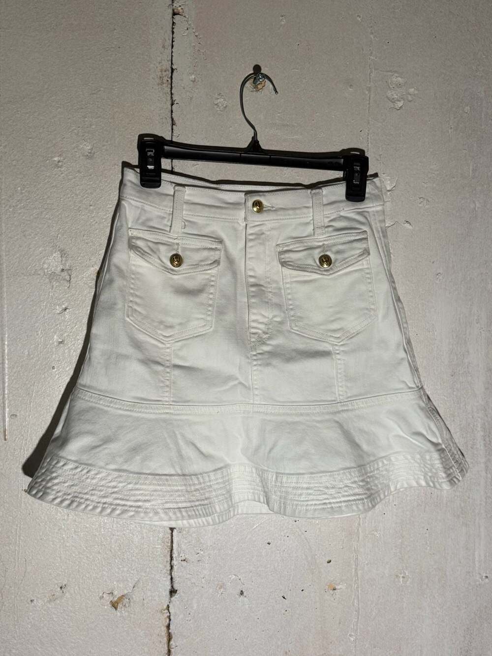 7 For All Mankind White Denim Flounce Hem Mini Skirt with Gold Buttons